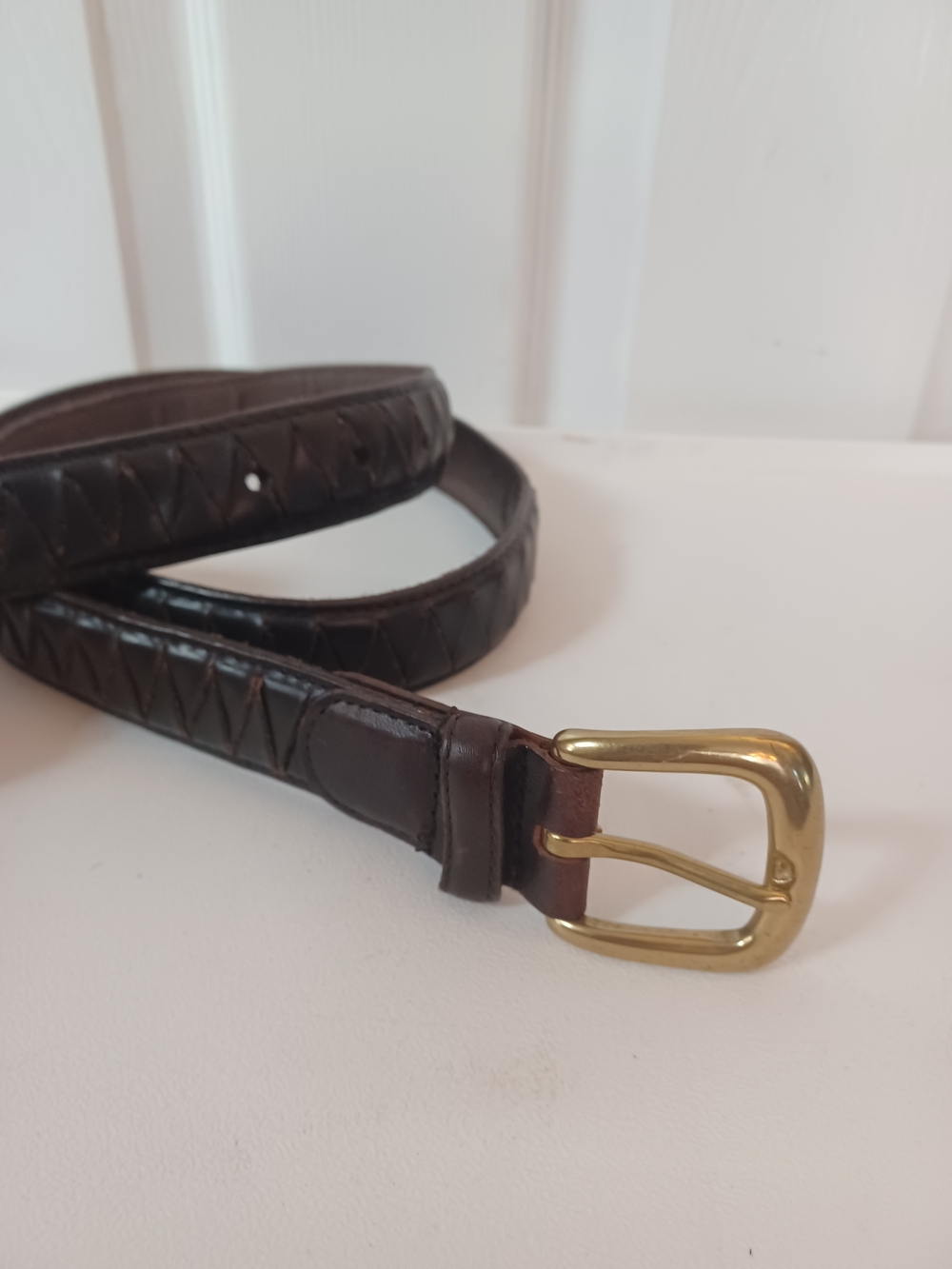 Vintage Brown Leather Belt Chevron Woven Panel Solid Brass Buckle Size 38